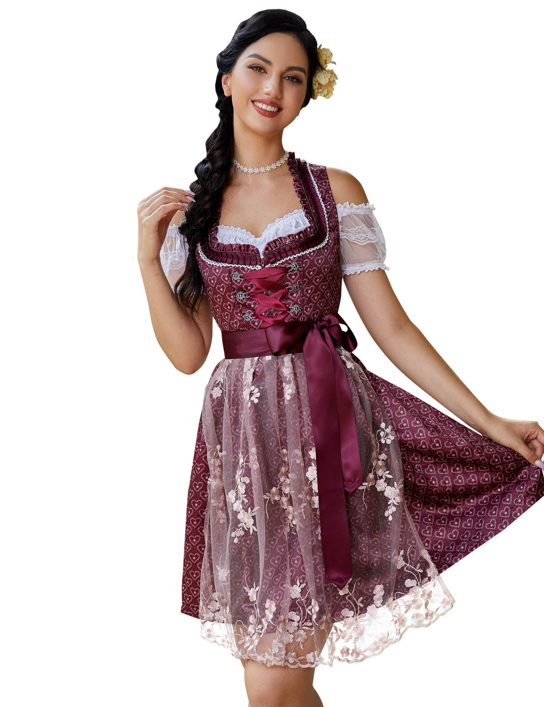 Garvee Abito tradizionale da donna Dirndl 3 pezzi, abito midi con stampa 3D per l'Oktoberfest, rosso, taglia 34