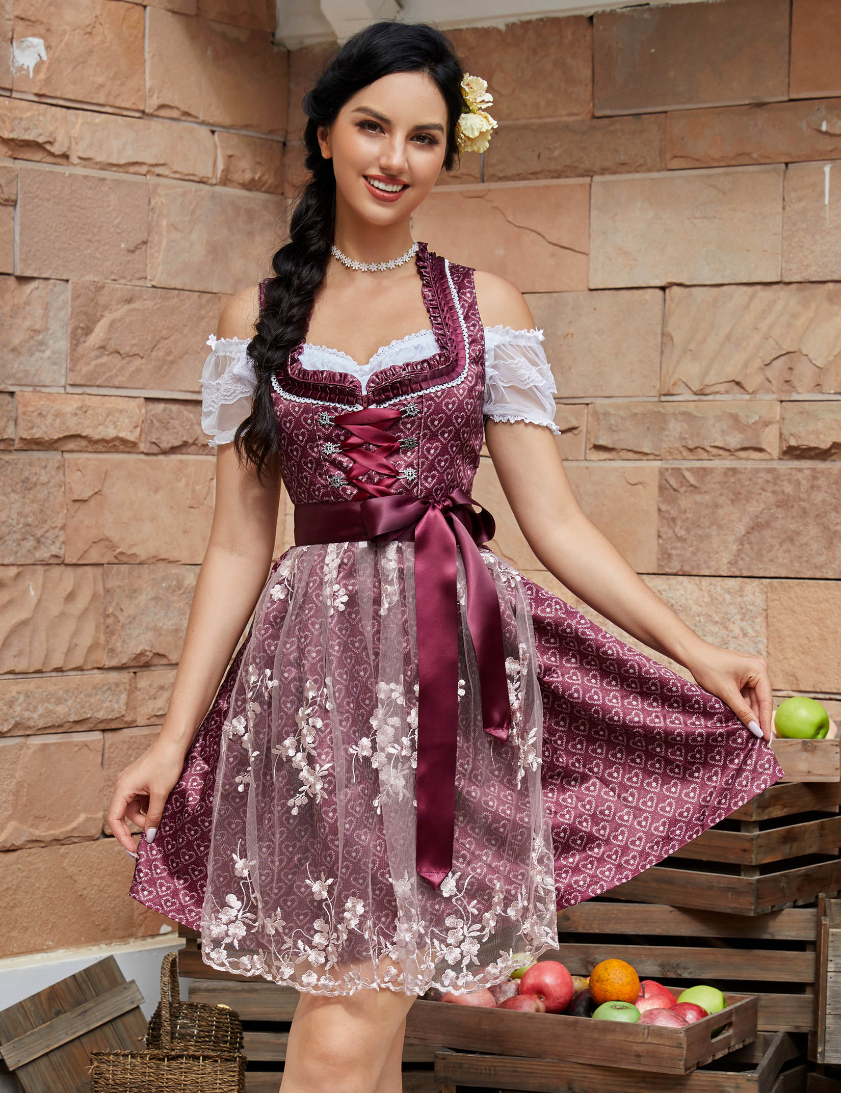 Garvee Abito tradizionale da donna Dirndl 3 pezzi, abito midi con stampa 3D per l'Oktoberfest, rosso, taglia 38