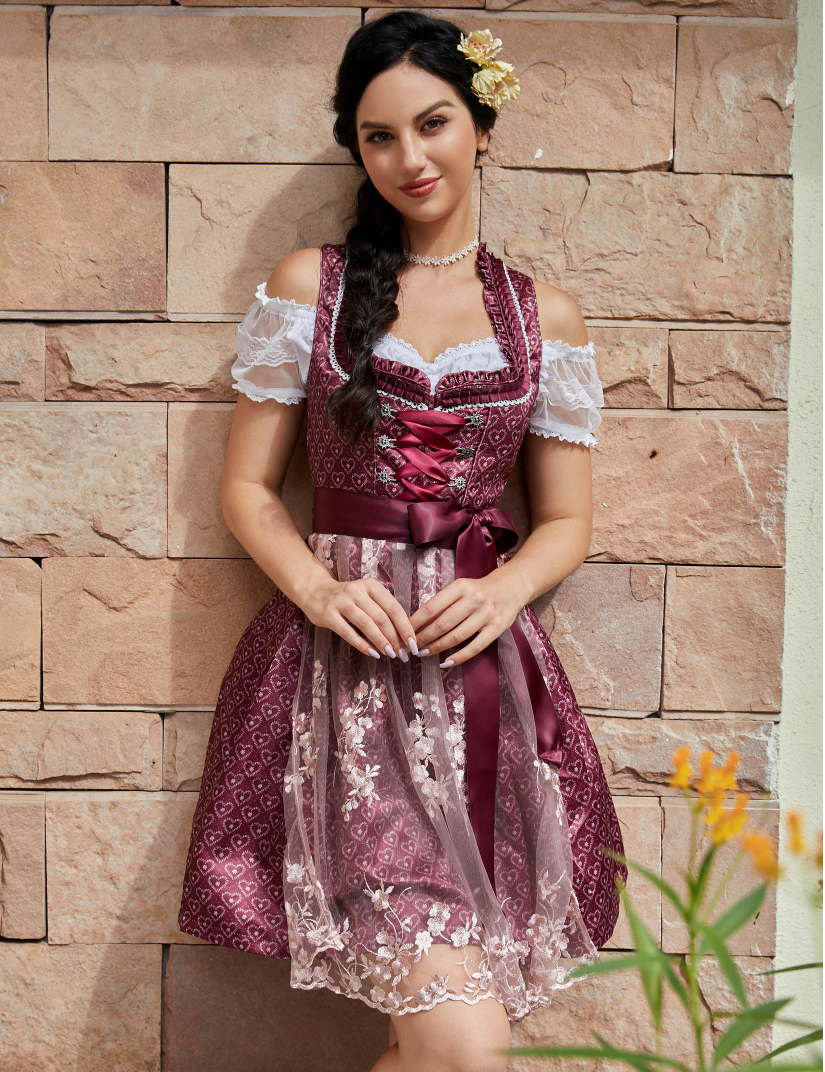 Garvee Abito tradizionale da donna Dirndl 3 pezzi, abito midi con stampa 3D per l'Oktoberfest, rosso, taglia 38