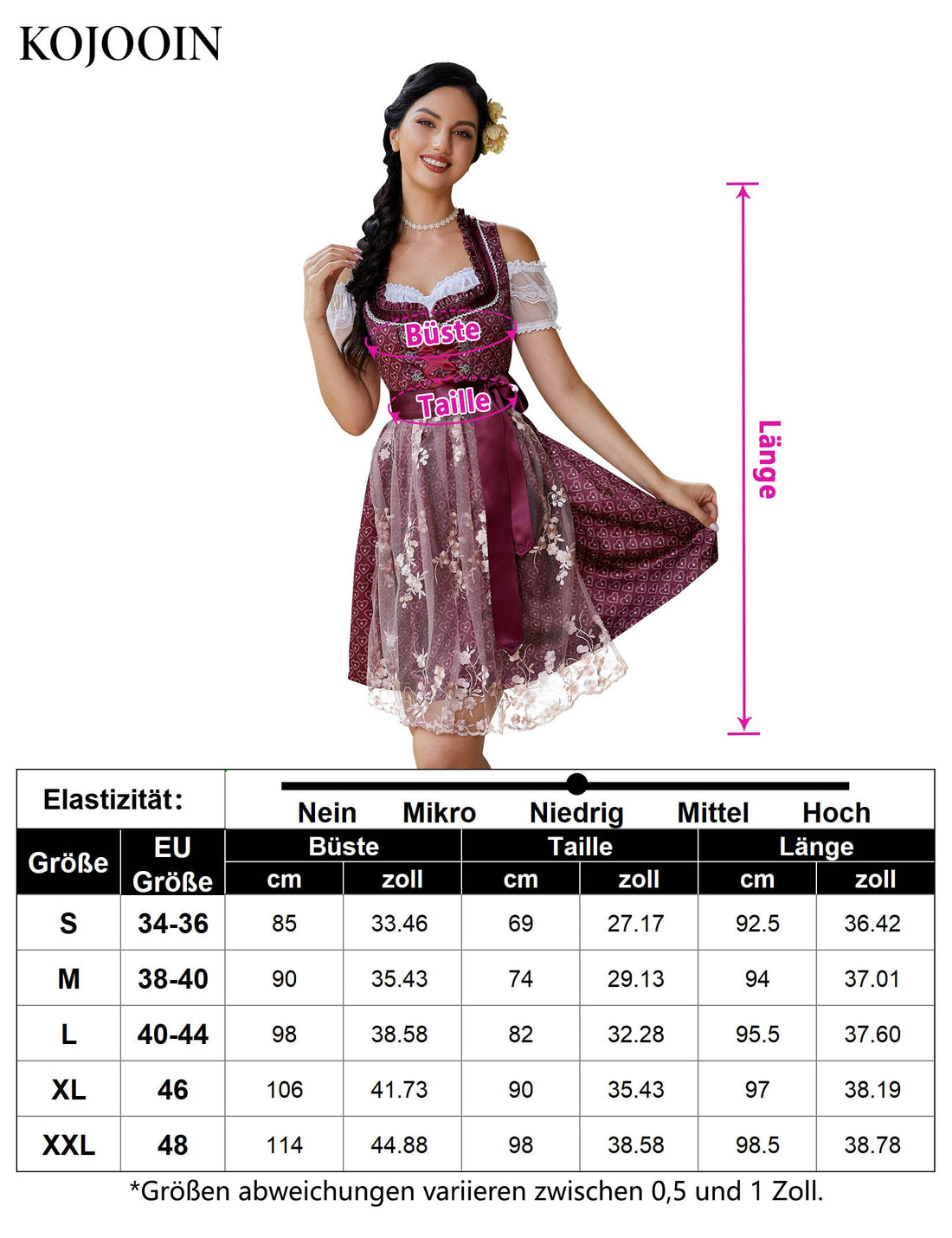 Garvee Abito tradizionale da donna Dirndl 3 pezzi, abito midi con stampa 3D per l'Oktoberfest, rosso, taglia 38