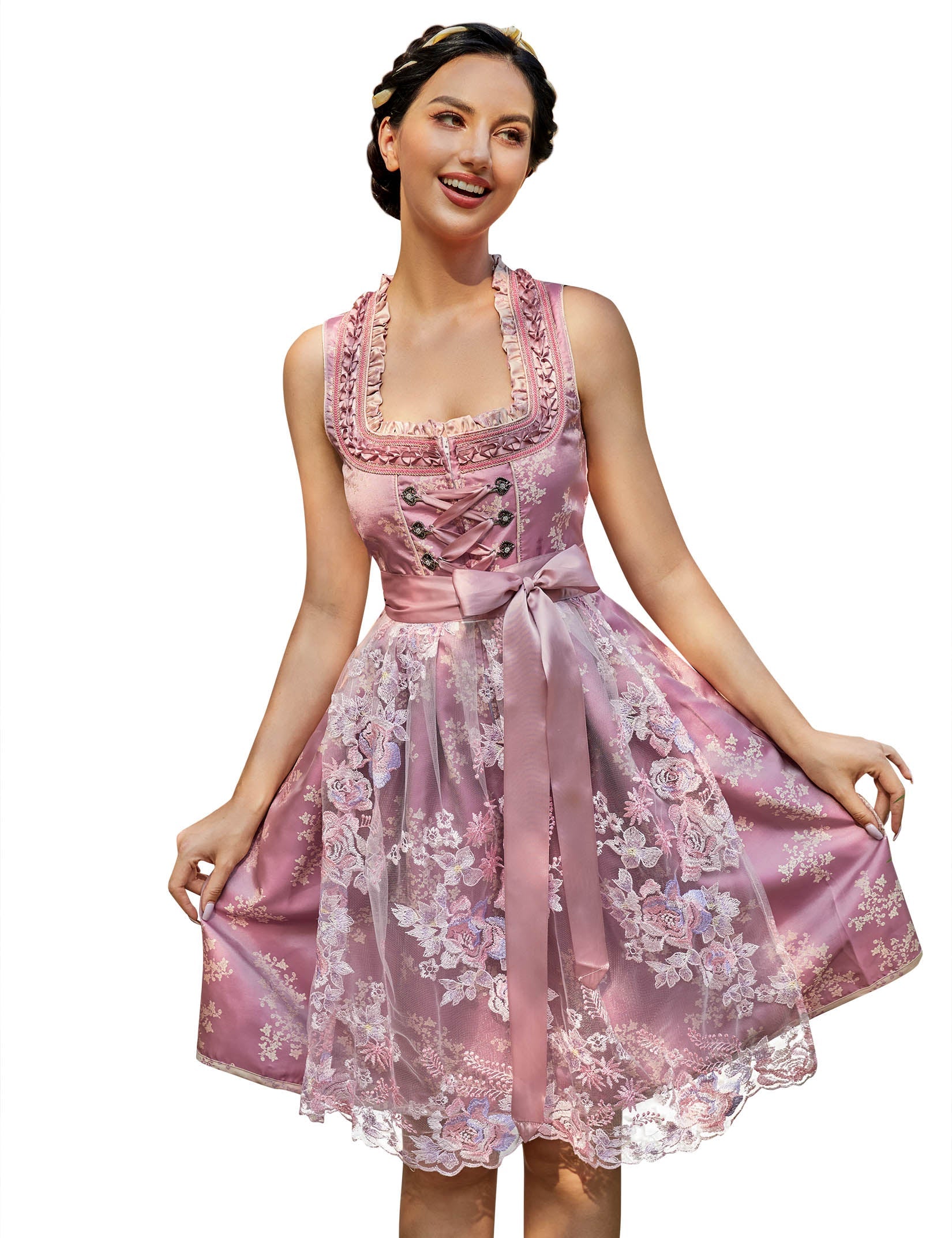 Garvee Dirndl Abito tradizionale da donna con grembiule in pizzo per l'Oktoberfest A-Rose Red 34