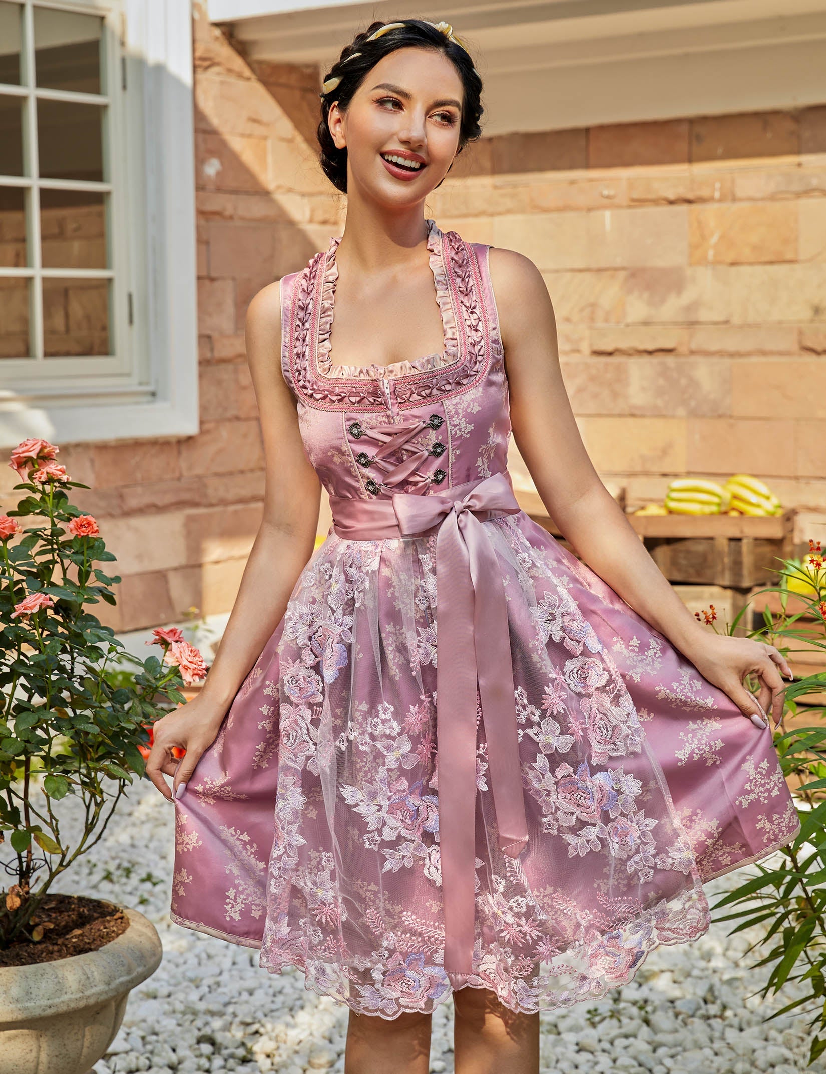 Garvee Dirndl Abito tradizionale da donna con grembiule in pizzo per l'Oktoberfest A-Rose Red 34