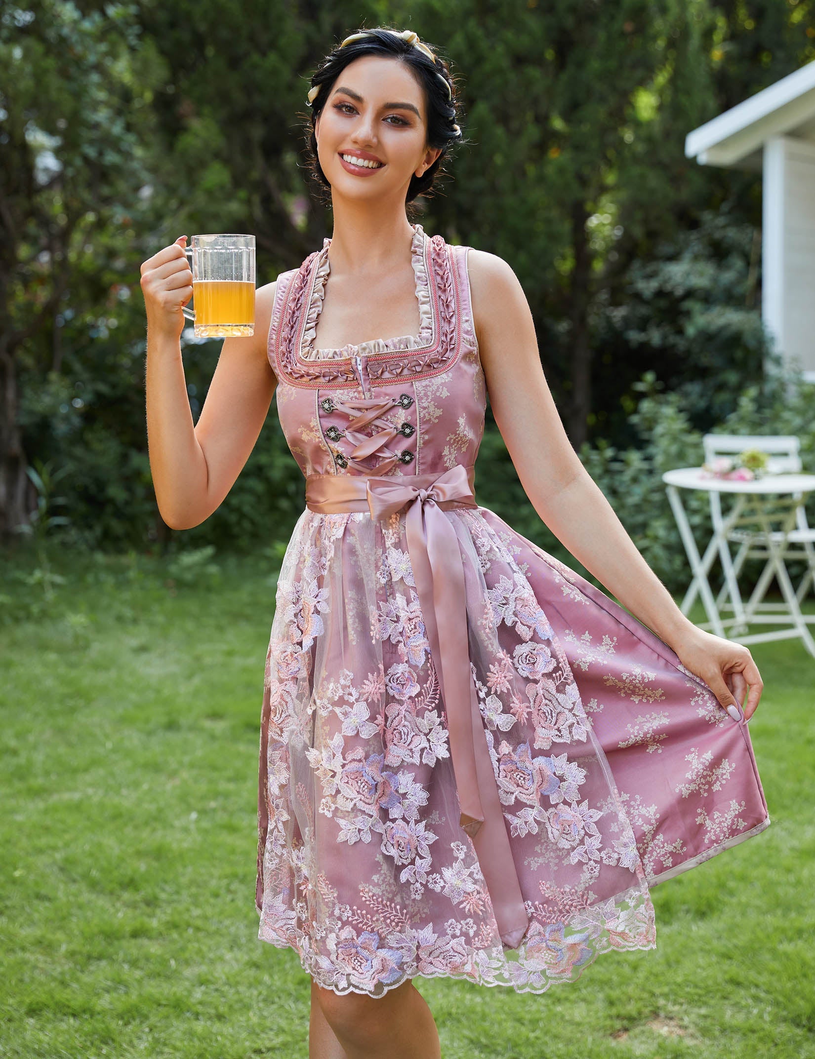 Garvee Dirndl Abito tradizionale da donna con grembiule in pizzo per l'Oktoberfest A-Rose Red 34