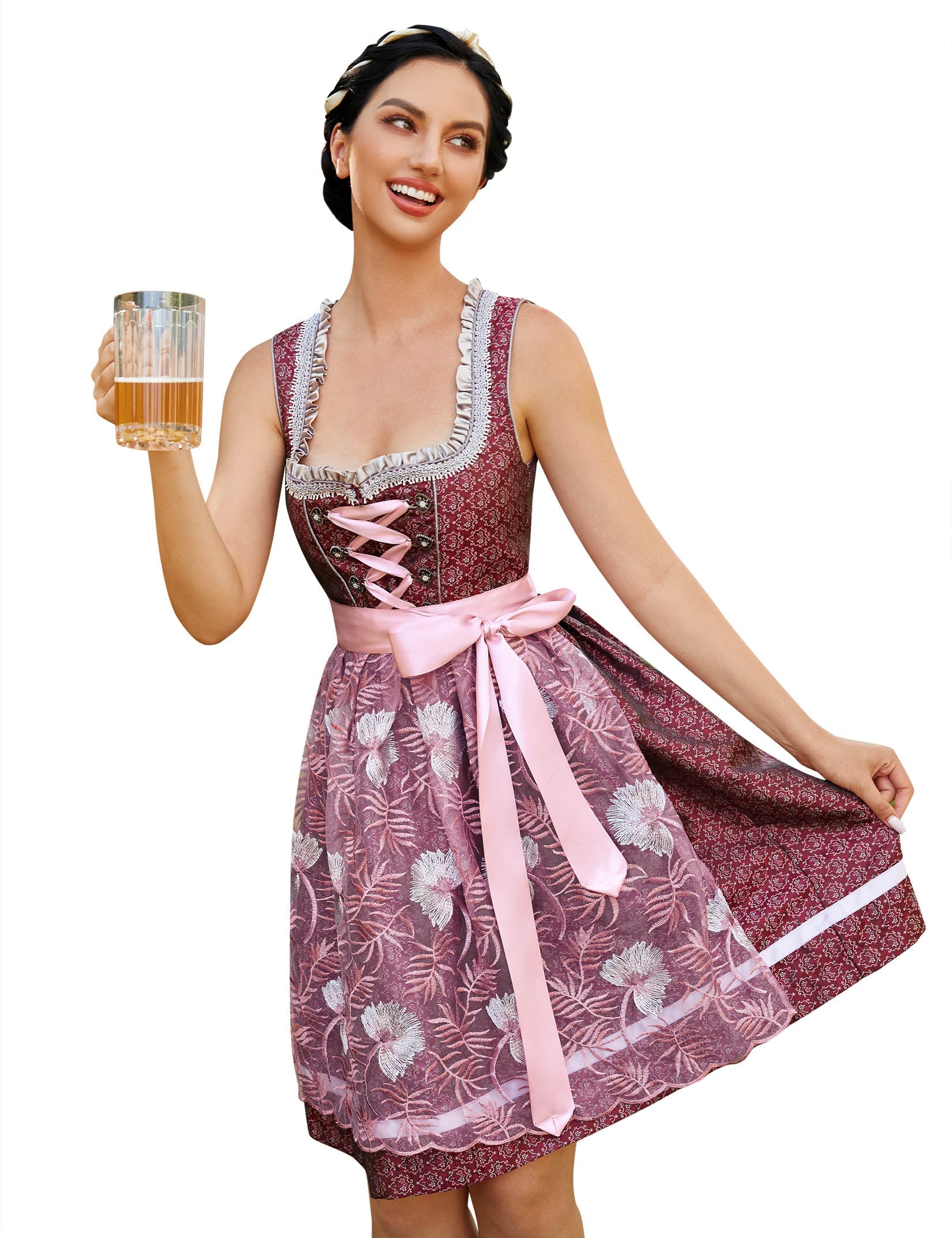 Abito tradizionale Dirndl corto da donna Garvee con grembiule in pizzo - Rosso, set da 2 pezzi, taglia S