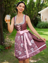 Abito tradizionale Dirndl corto da donna Garvee con grembiule in pizzo - Rosso, set da 2 pezzi, taglia S