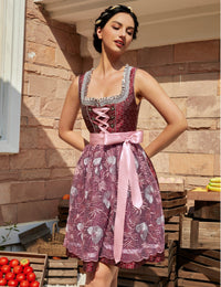 Abito tradizionale Dirndl corto da donna Garvee con grembiule in pizzo - Rosso, set da 2 pezzi, taglia S