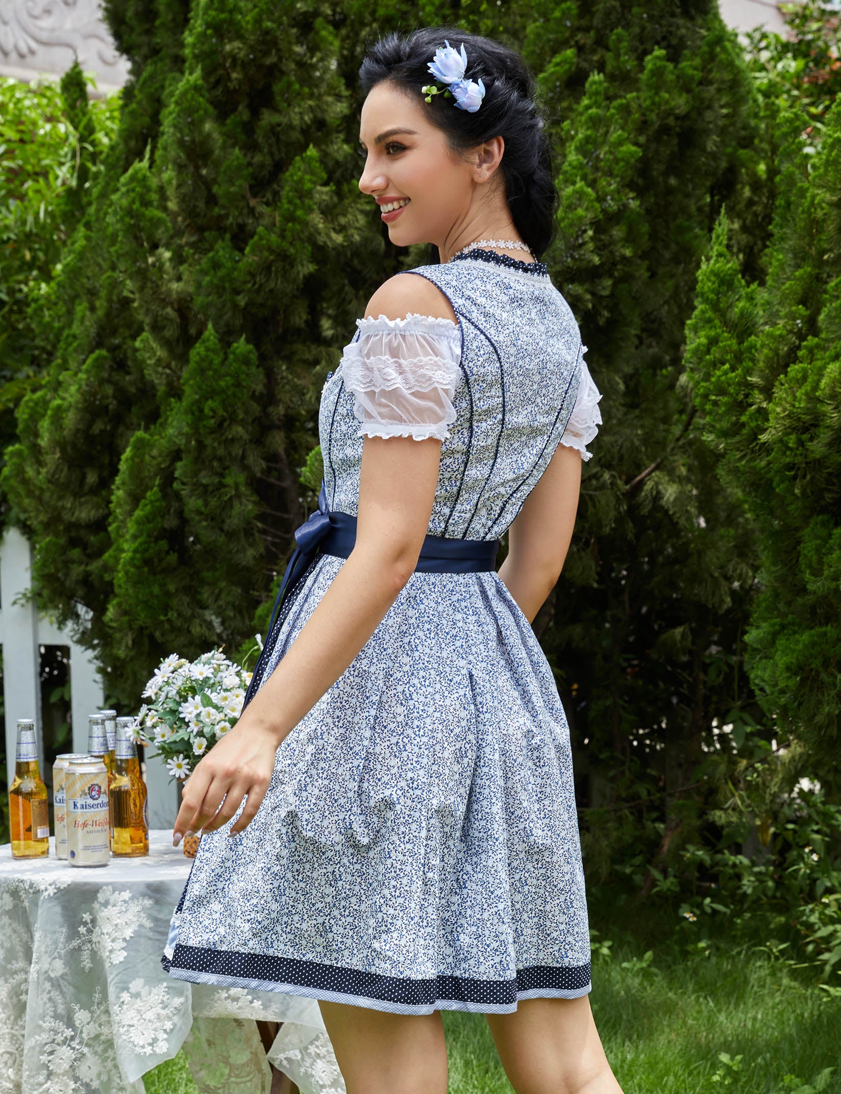 Garvee Dirndl Donna Midi 3 Pezzi Abito Tradizionale per Festa della Birra Carnevale Blu Floreale Taglia 44