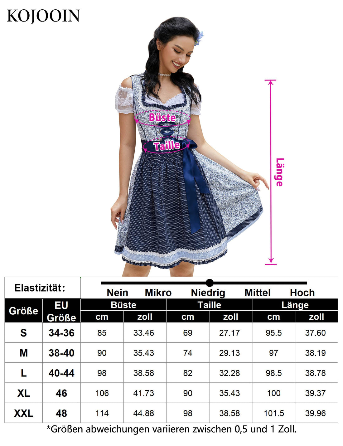 Garvee Dirndl Donna Midi 3 Pezzi Abito Tradizionale per Festa della Birra Carnevale Blu Floreale Taglia 44