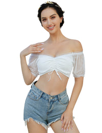 Garvee Camicetta Dirndl in pizzo da donna bianca - Elegante camicetta elasticizzata a maniche corte per Dirndl, Rosa dei Venti, Bianca, Taglia 34