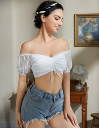 Garvee Camicetta Dirndl in pizzo da donna bianca - Elegante camicetta elasticizzata a maniche corte per Dirndl, Rosa dei Venti, Bianca, Taglia 34