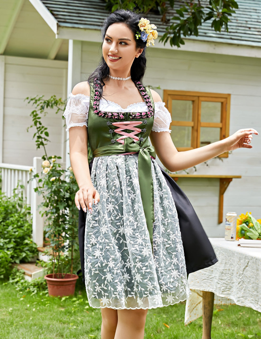 Garvee Dirndl tradizionale da donna per l'Oktoberfest, abito con gonna midi, camicetta e grembiule, motivo floreale, verde, taglia M