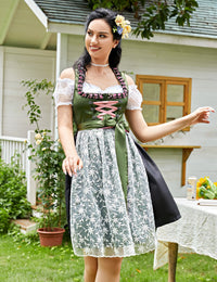 Garvee Dirndl tradizionale da donna per l'Oktoberfest, abito con gonna midi, camicetta e grembiule, motivo floreale, verde, taglia M