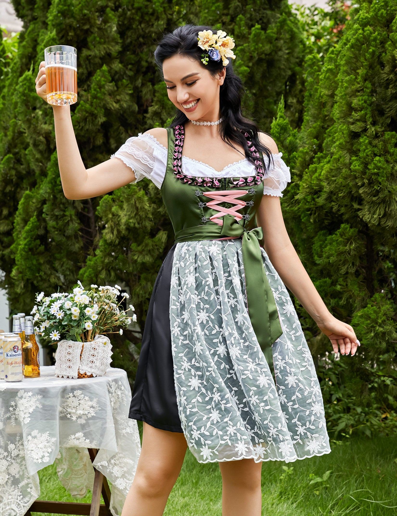 Garvee Dirndl tradizionale da donna per l'Oktoberfest, abito con gonna midi, camicetta e grembiule, motivo floreale, verde, taglia M