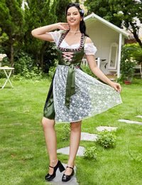 Garvee Dirndl tradizionale da donna per l'Oktoberfest, abito con gonna midi, camicetta e grembiule, motivo floreale, verde, taglia M