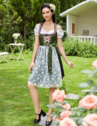 Garvee Dirndl tradizionale da donna per l'Oktoberfest, abito con gonna midi, camicetta e grembiule, motivo floreale, verde, taglia M