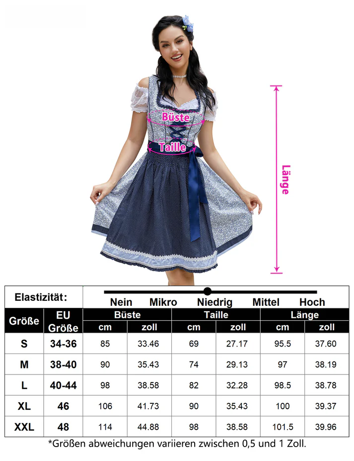 Garvee - Completo Dirndl bavarese per l'Oktoberfest da donna: camicetta e grembiule Dirndl - Abito Dirndl 3 pezzi, camicetta a maniche corte, abbigliamento bavarese, fiori 07 34