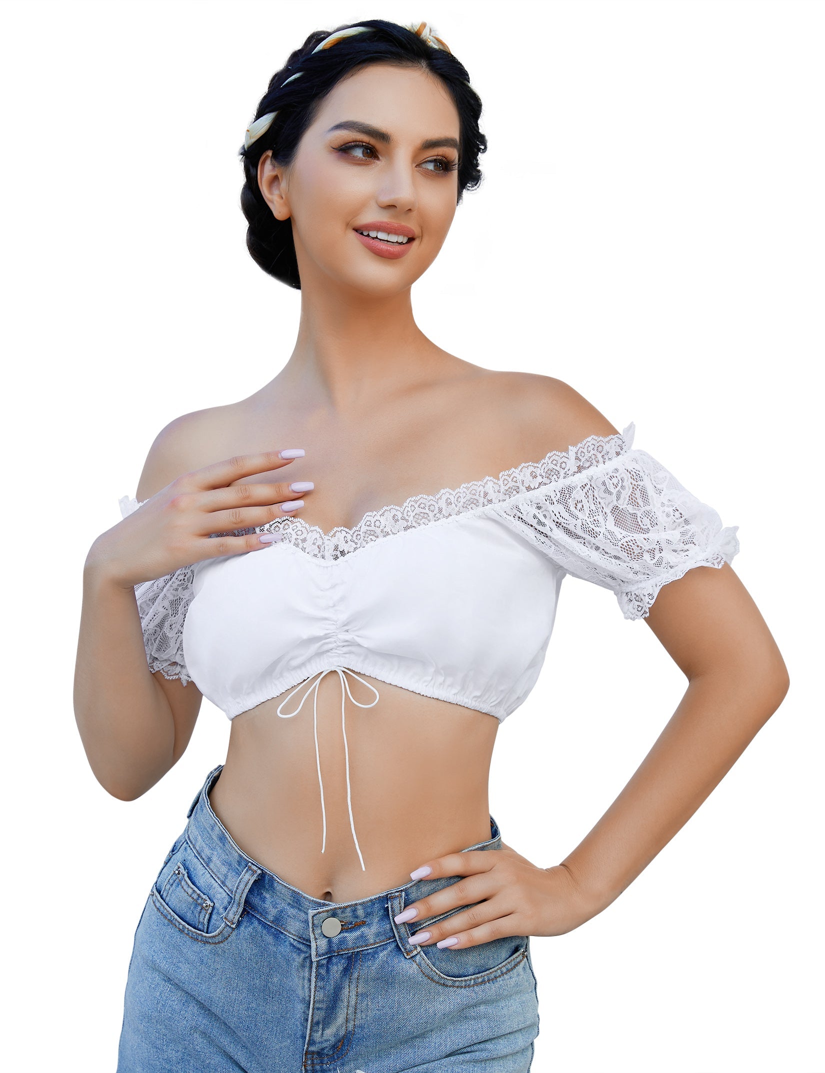 Camicetta Dirndl Garvee da donna in pizzo, a maniche corte, tradizionale per l'Oktoberfest, bianca, a maniche corte, taglia 34
