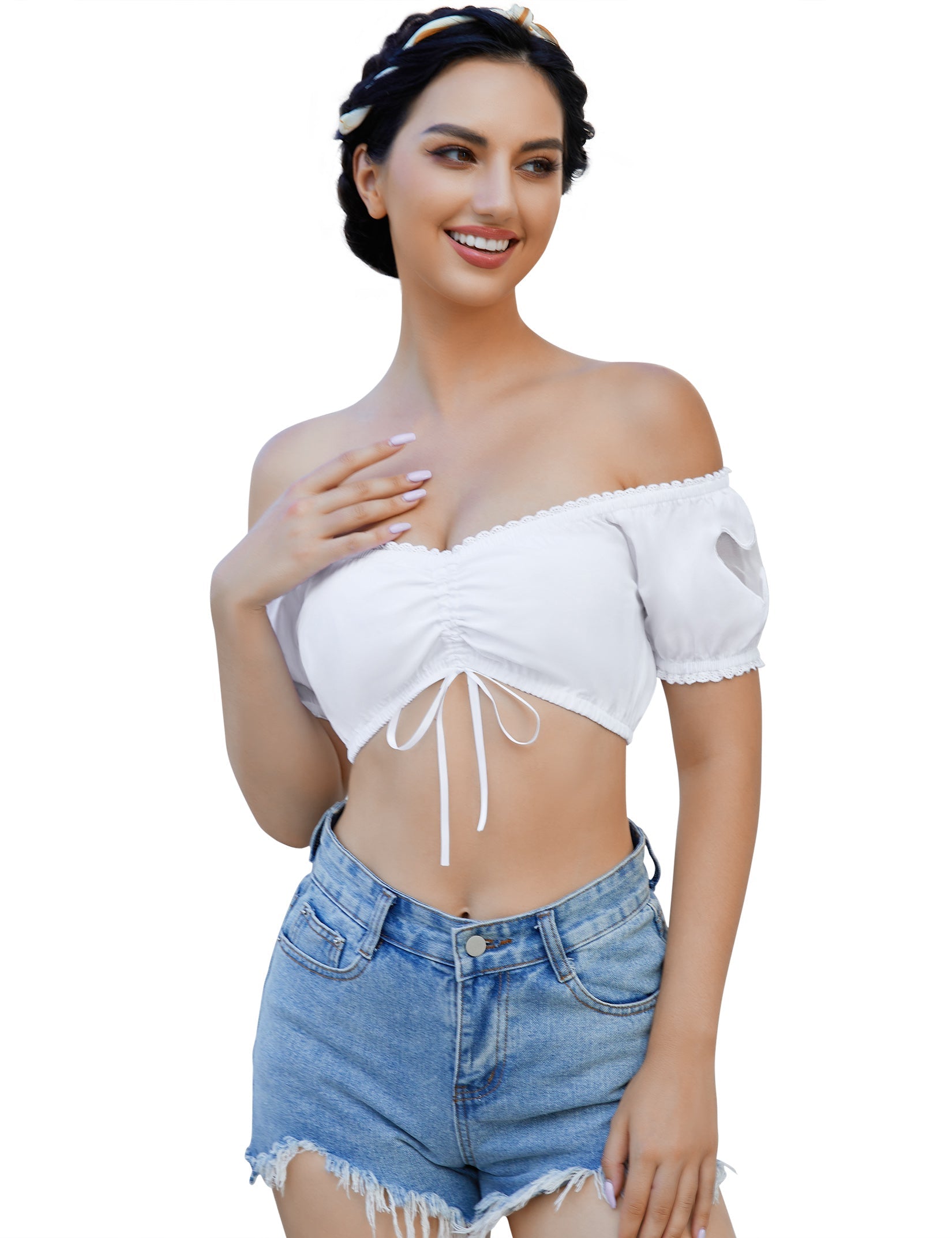 Camicetta Dirndl da donna Garvee, bianca, tradizionale, a maniche corte/mezze maniche, in pizzo, per l'Oktoberfest, colore: bianco-cuore 34