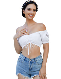 Camicetta Dirndl da donna Garvee, bianca, tradizionale, a maniche corte/mezze maniche, in pizzo, per l'Oktoberfest, colore: bianco-cuore 34