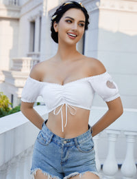 Camicetta Dirndl da donna Garvee, bianca, tradizionale, a maniche corte/mezze maniche, in pizzo, per l'Oktoberfest, colore: bianco-cuore 34