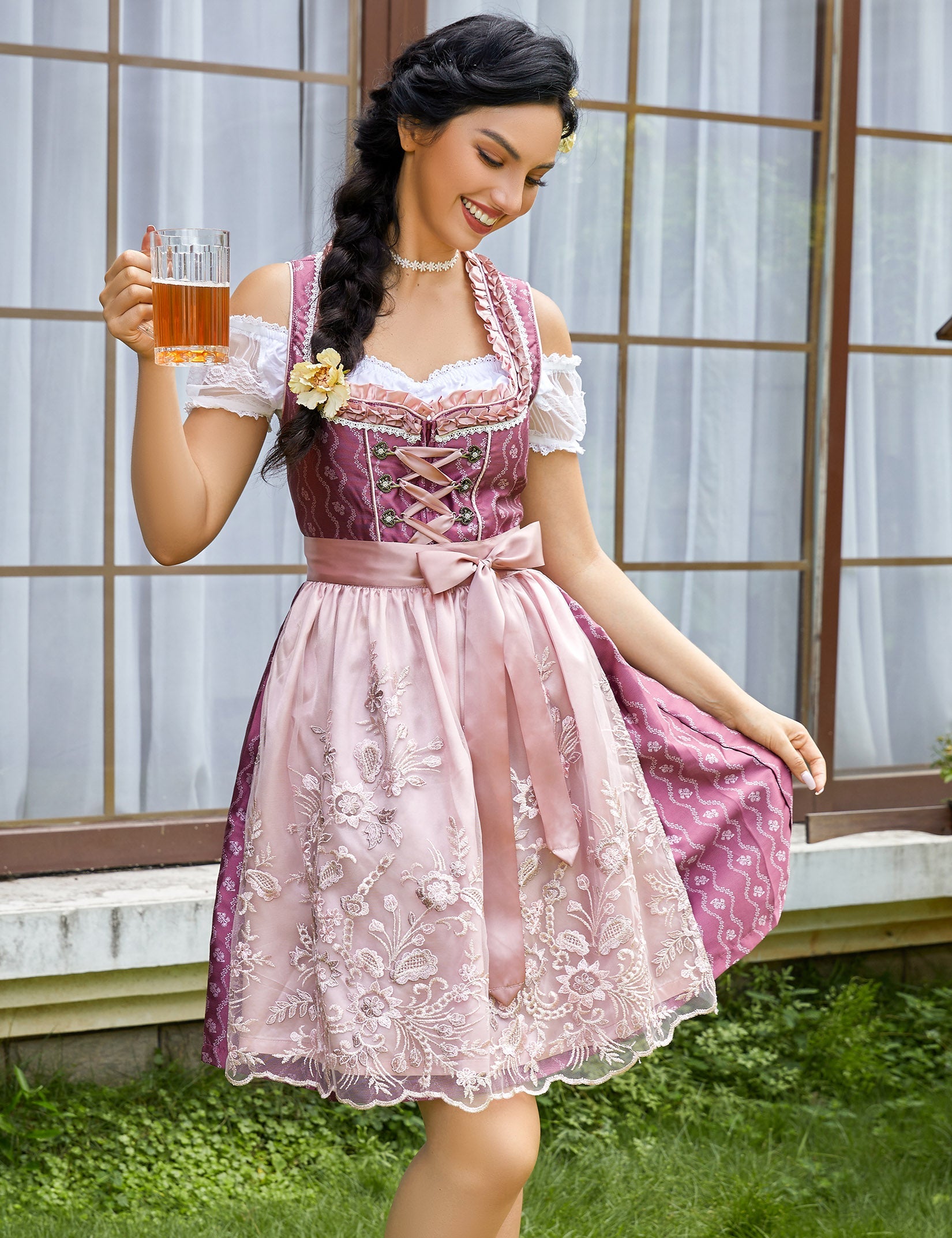 Garvee - Vestito tradizionale da donna Dirndl Midi, 3 pezzi, in pizzo rosso, taglia 34, per Oktoberfest, Carnevale, Matrimonio