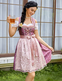 Garvee - Vestito tradizionale da donna Dirndl Midi, 3 pezzi, in pizzo rosso, taglia 34, per Oktoberfest, Carnevale, Matrimonio