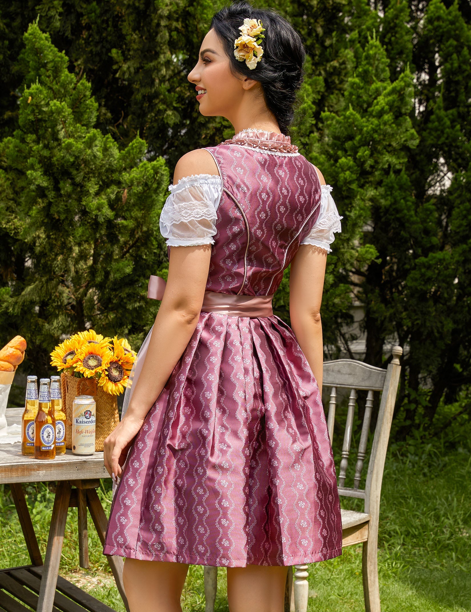 Garvee - Vestito tradizionale da donna Dirndl Midi, 3 pezzi, in pizzo rosso, taglia 34, per Oktoberfest, Carnevale, Matrimonio