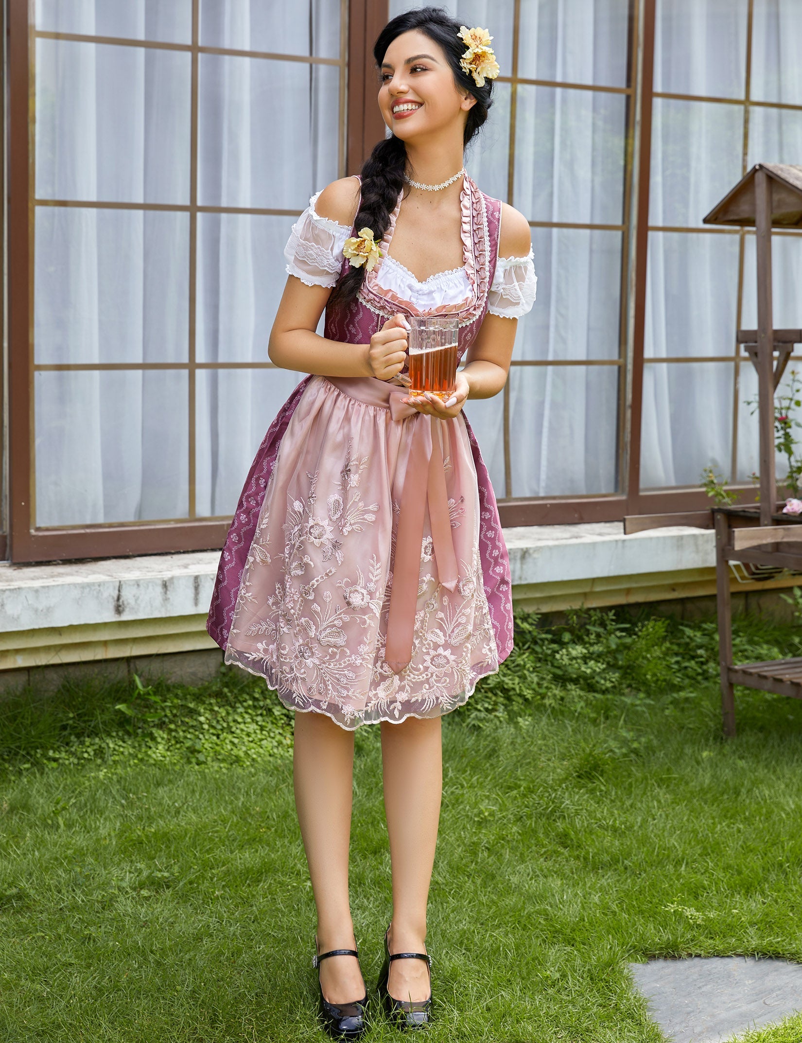 Garvee - Vestito tradizionale da donna Dirndl Midi, 3 pezzi, in pizzo rosso, taglia 34, per Oktoberfest, Carnevale, Matrimonio