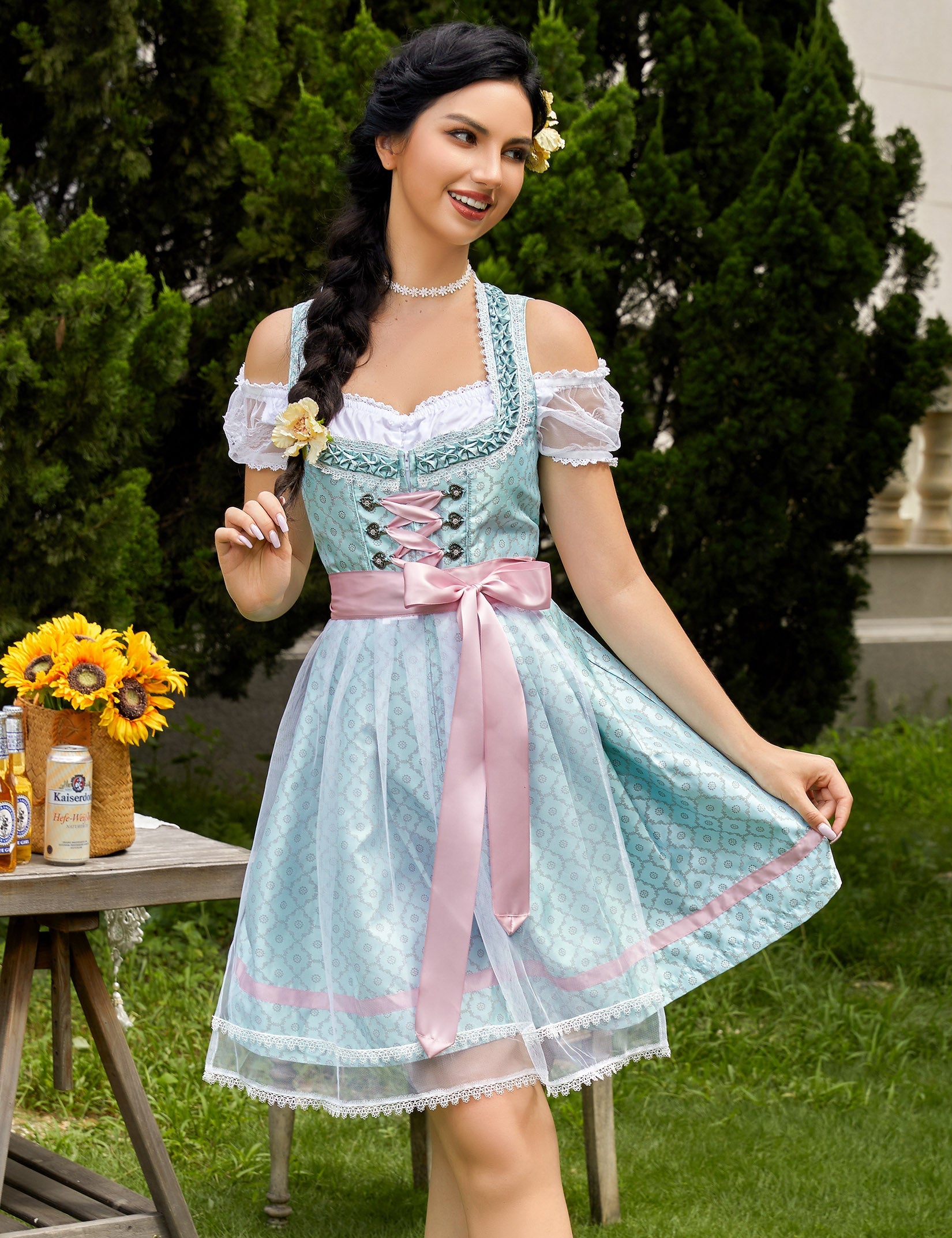 Abito Dirndl Garvee da donna, 3 pezzi, Carnevale Oktoberfest, blu e verde, taglia 40