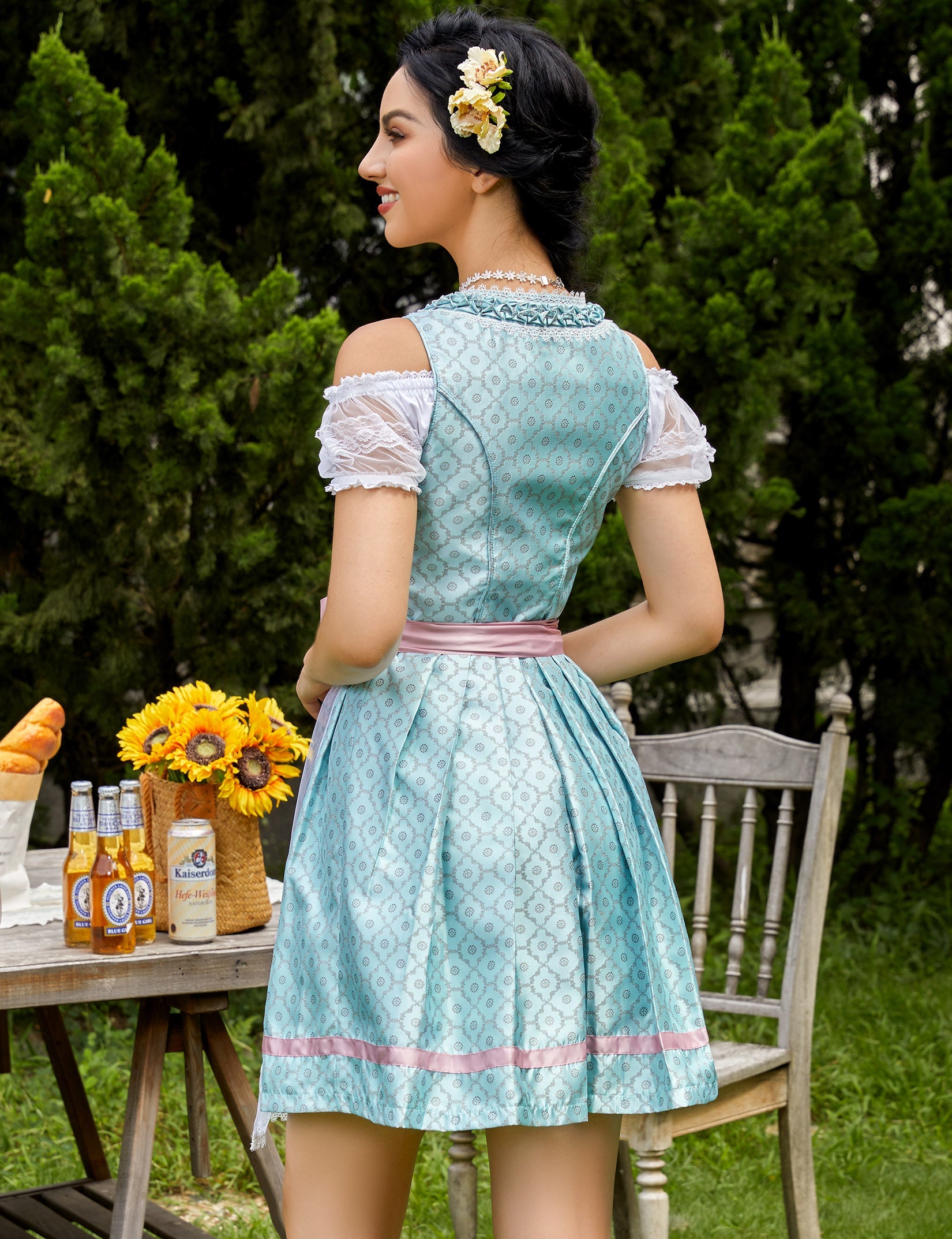 Abito Dirndl Garvee da donna, 3 pezzi, Carnevale Oktoberfest, blu e verde, taglia 40