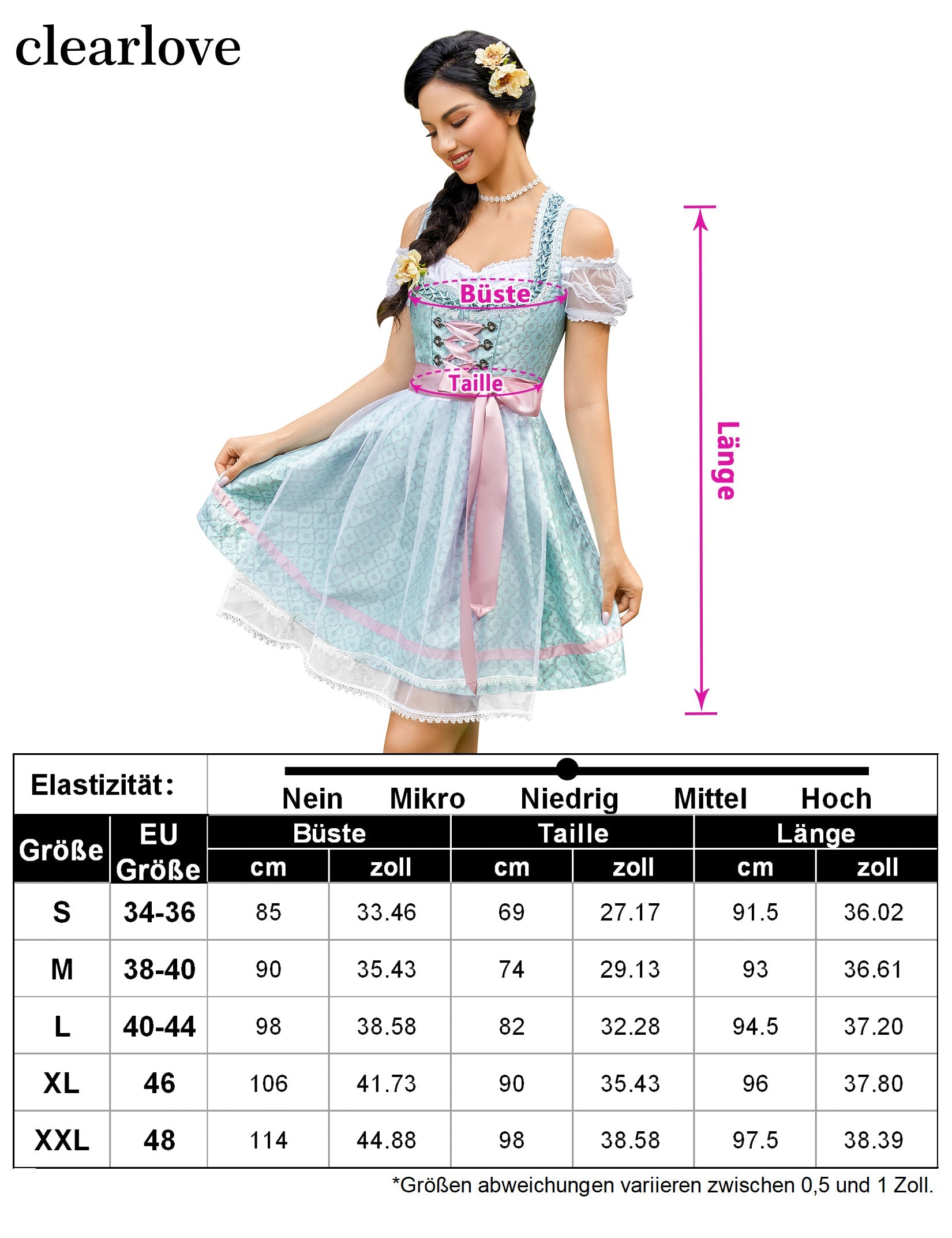 Abito Dirndl Garvee da donna, 3 pezzi, Carnevale Oktoberfest, blu e verde, taglia 40