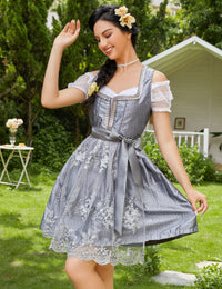 Garvee - Vestito tradizionale da donna Dirndl Midi, 3 pezzi, in pizzo grigio, taglia 34, per Oktoberfest, Carnevale, Matrimonio