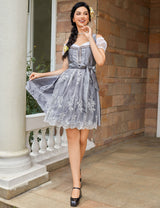 Garvee - Vestito tradizionale da donna Dirndl Midi, 3 pezzi, in pizzo grigio, taglia 34, per Oktoberfest, Carnevale, Matrimonio