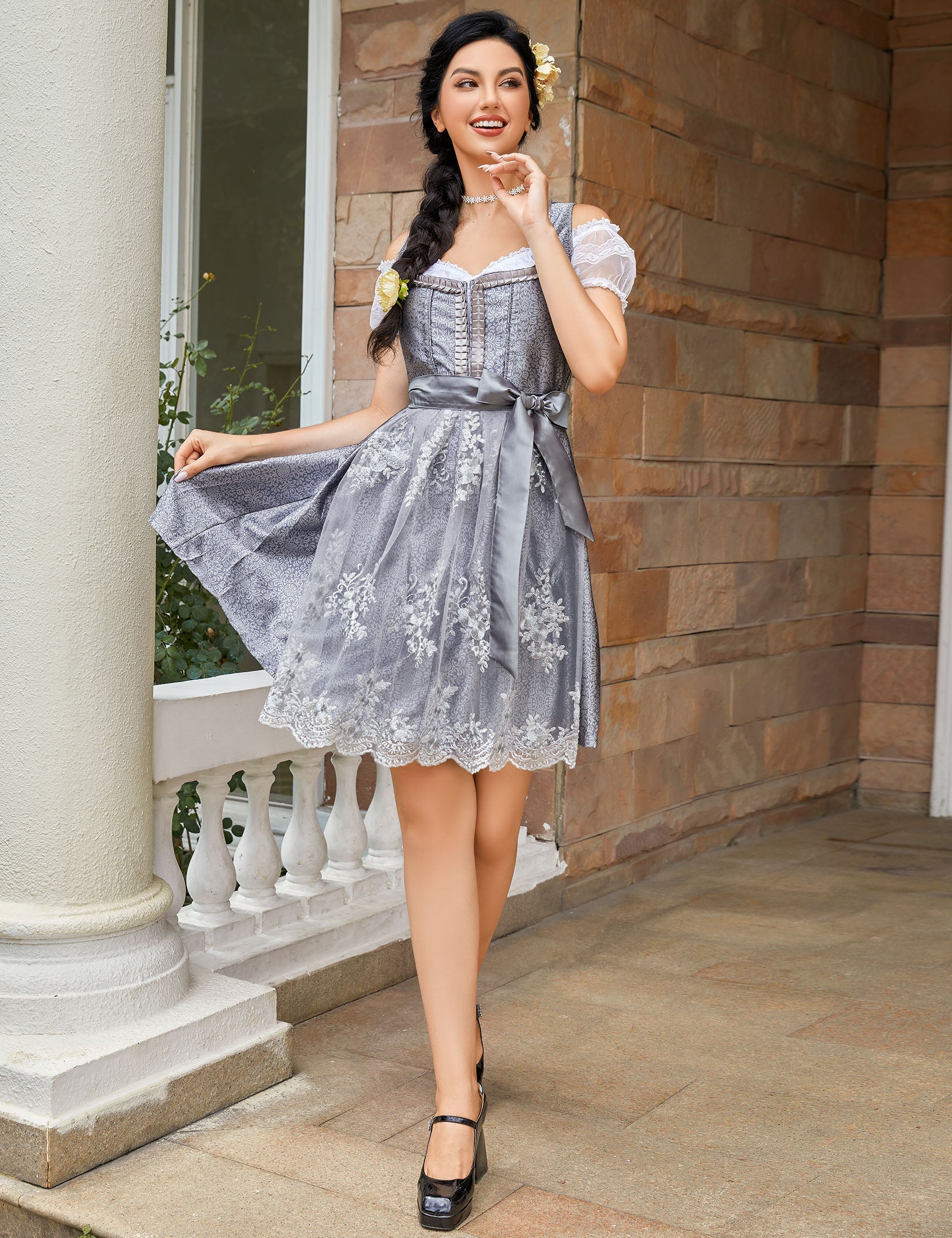 Garvee - Vestito tradizionale da donna Dirndl Midi, 3 pezzi, in pizzo grigio, taglia 34, per Oktoberfest, Carnevale, Matrimonio