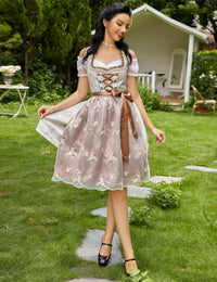 Garvee Dirndl da donna, set di 3 pezzi, abito tradizionale midi color cachi, taglia 38, con camicetta e grembiule per l'Oktoberfest e il Carnevale