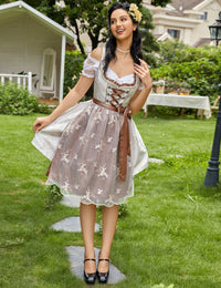 Garvee Dirndl da donna, set di 3 pezzi, abito tradizionale midi color cachi, taglia 38, con camicetta e grembiule per l'Oktoberfest e il Carnevale