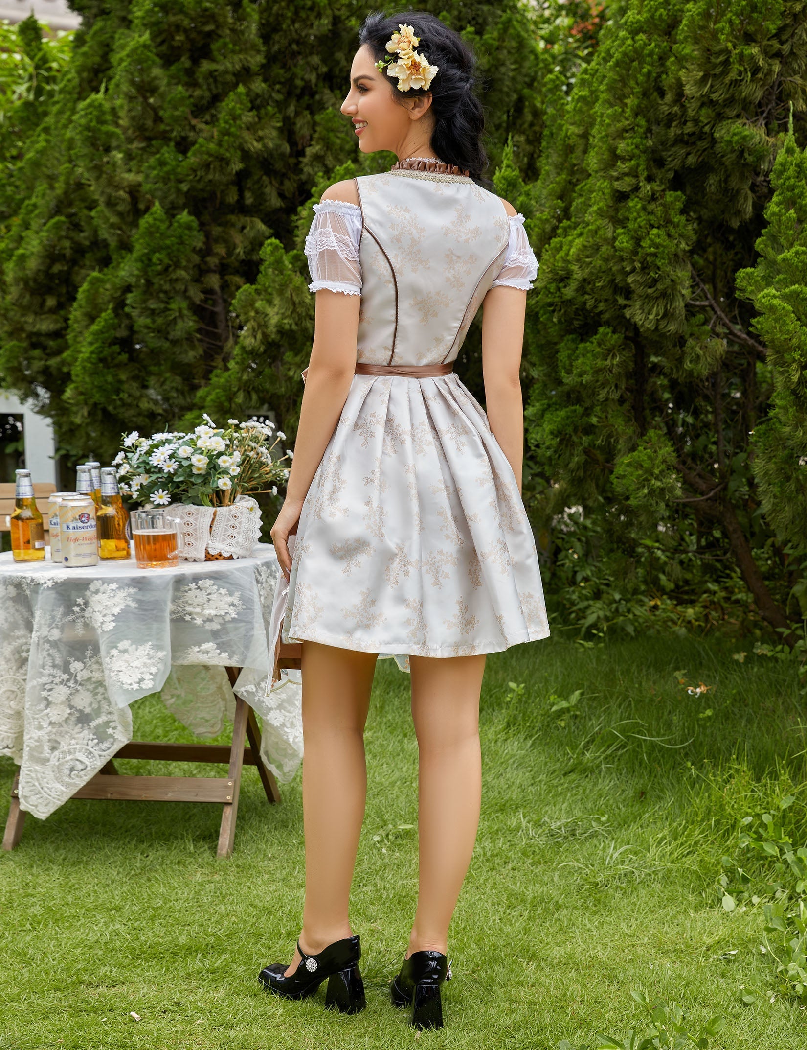 Garvee Dirndl da donna, set di 3 pezzi, abito tradizionale midi color cachi, taglia 38, con camicetta e grembiule per l'Oktoberfest e il Carnevale