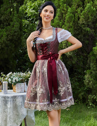 Garvee - Vestito tradizionale Dirndl Midi da donna, 3 pezzi, rosso, taglia 42, per Oktoberfest, Carnevale, Matrimonio