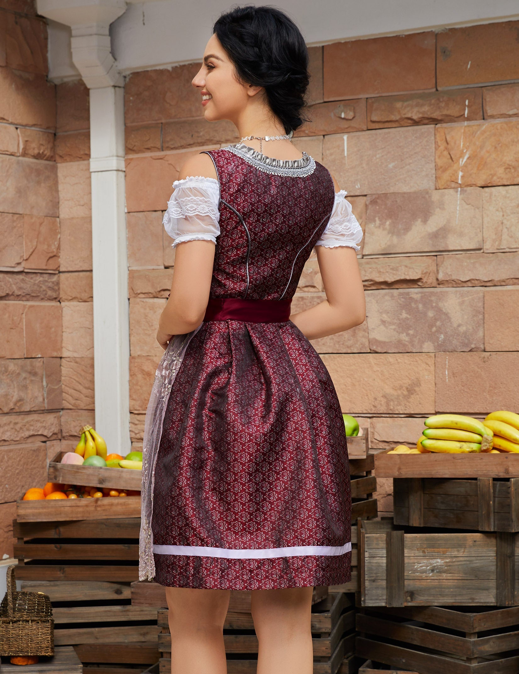 Garvee - Vestito tradizionale Dirndl Midi da donna, 3 pezzi, rosso, taglia 42, per Oktoberfest, Carnevale, Matrimonio