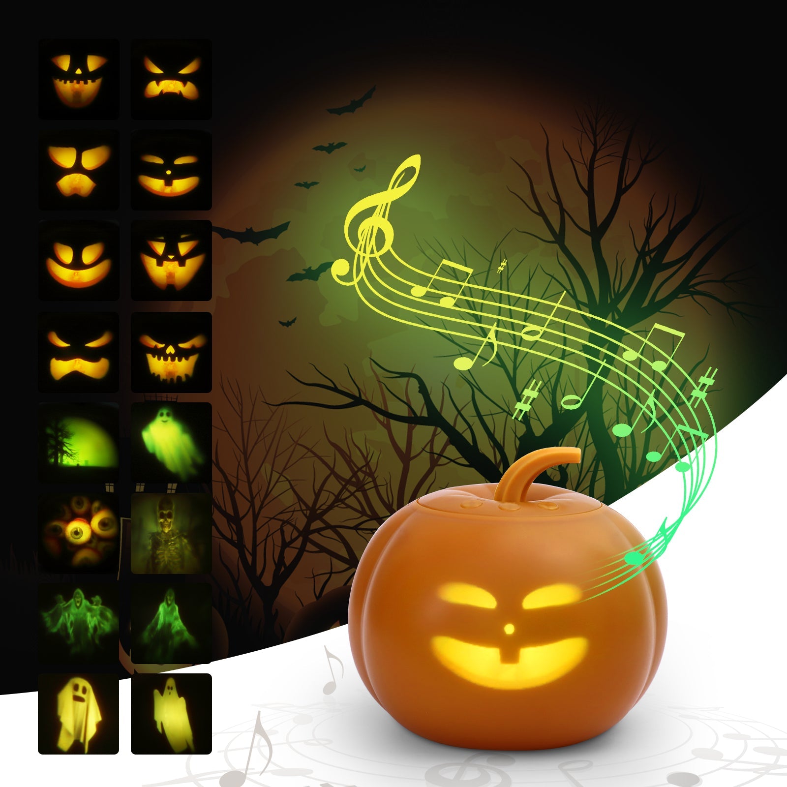 Lampada di proiezione animata a forma di zucca GARVEE per Halloween con 16 animazioni ed effetti sonori, inglese, per uso interno ed esterno, arancione