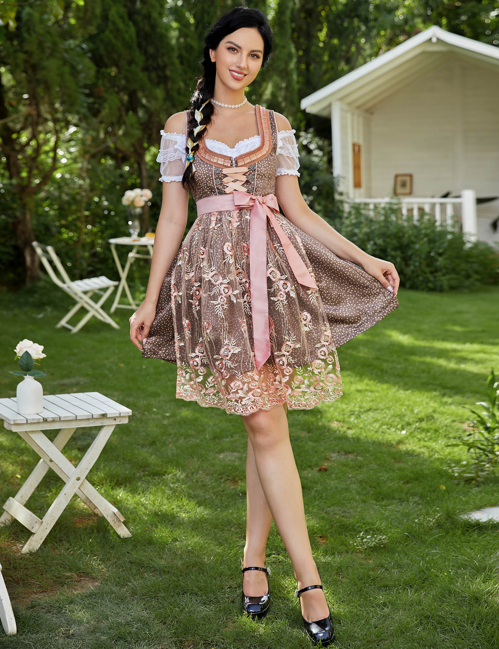 Garvee - Vestito tradizionale da donna, 3 pezzi, Dirndl, abito midi rosa, taglia 34, per l'Oktoberfest, con camicetta e grembiule