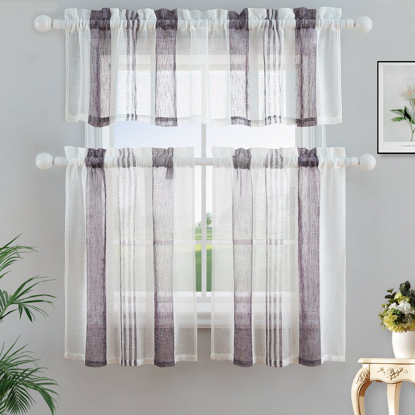 Tenda da cucina Garvee con strisce verticali, finto lino, semitrasparente, 54"x15", viola, tasca per asta, stile fattoria
