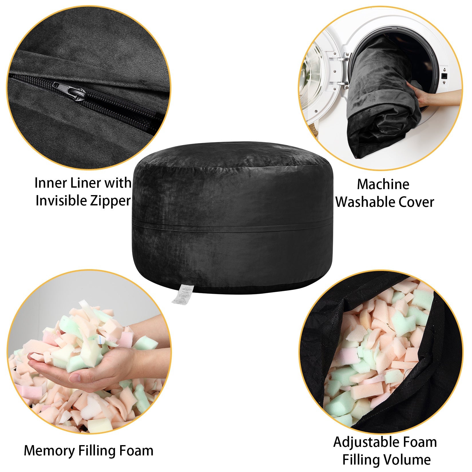 Pouf sacco in memory foam Garvee da 4 piedi per adulti, stile divano grande, rivestimento in microfibra rimovibile, nero, adatto per il soggiorno