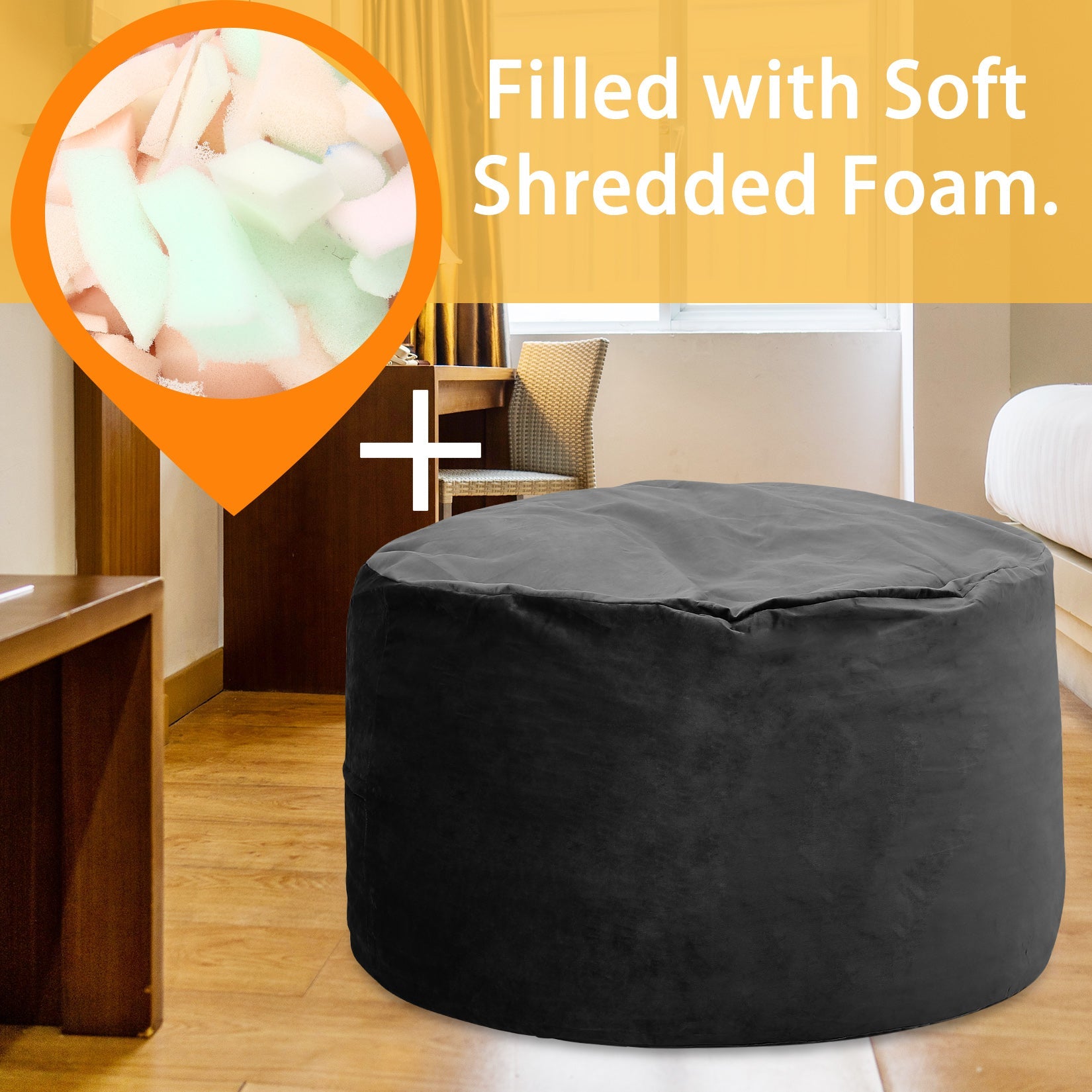Pouf sacco in memory foam Garvee da 4 piedi per adulti, stile divano grande, rivestimento in microfibra rimovibile, nero, adatto per il soggiorno