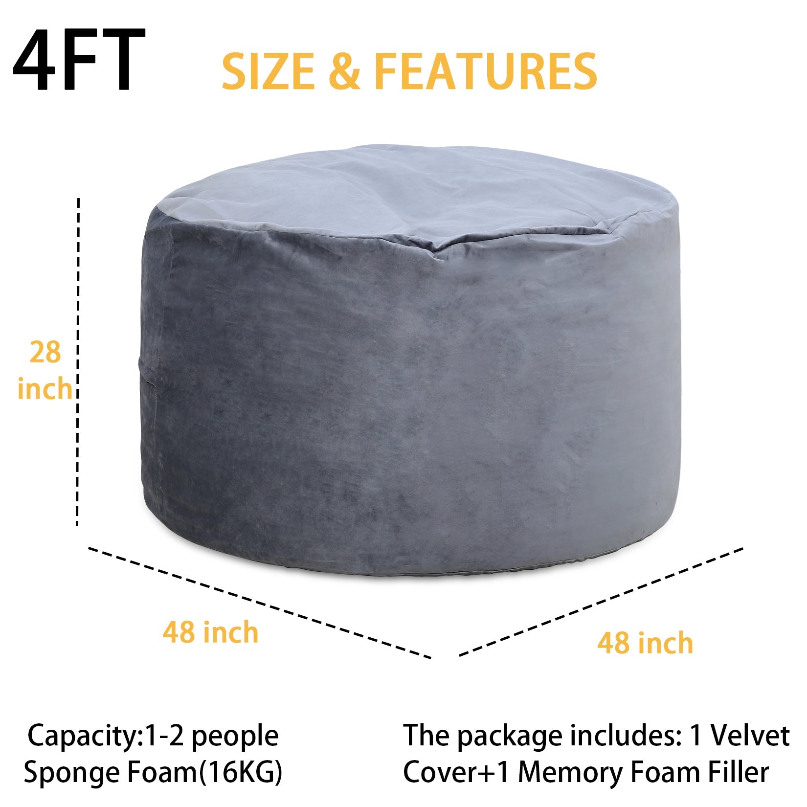 Pouf sacco in memory foam Garvee da 4 piedi, stile divano grande, morbida fodera in microfibra, rimovibile, grigio, per soggiorno e relax