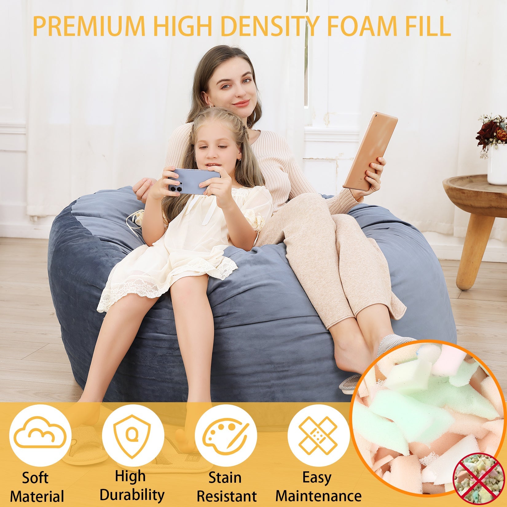 Pouf sacco in memory foam Garvee da 4 piedi, stile divano grande, morbida fodera in microfibra, rimovibile, grigio, per soggiorno e relax