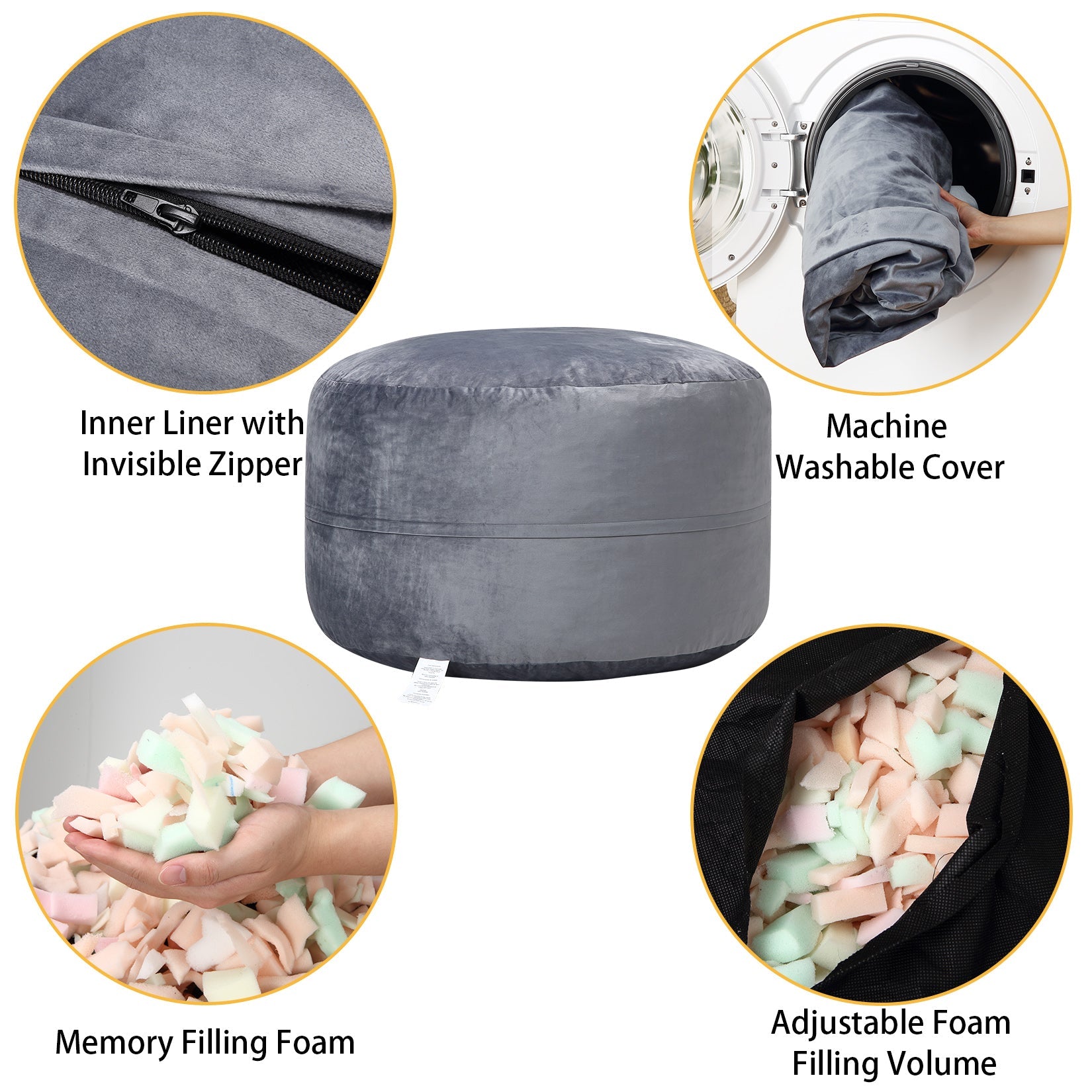 Pouf sacco in memory foam Garvee da 4 piedi, stile divano grande, morbida fodera in microfibra, rimovibile, grigio, per soggiorno e relax