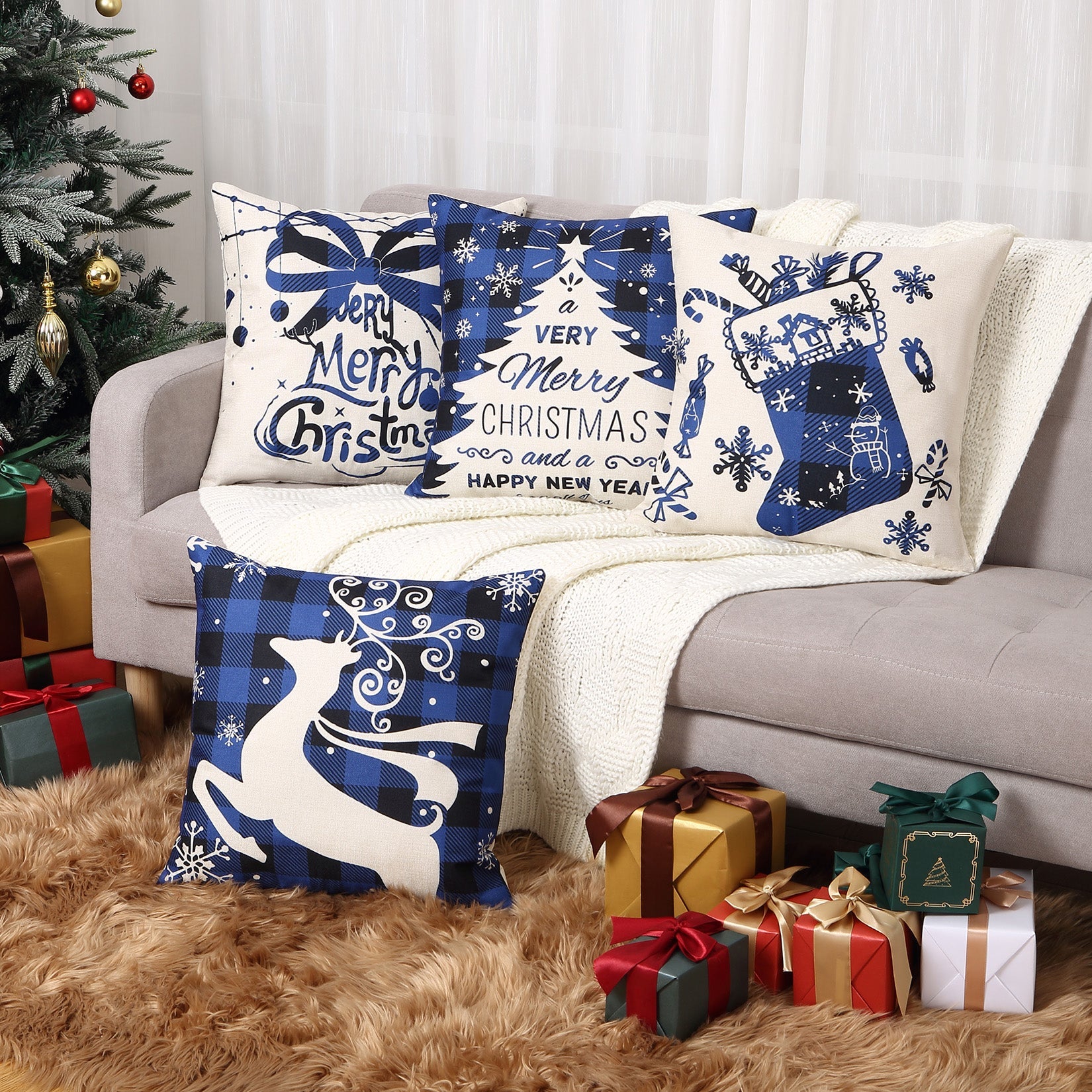 Federe natalizie Garvee, 45x45 cm, motivo Buffalo Check, motivo cervo e campana, in poliestere, con cerniera nascosta, set da 4 pezzi, decorazione per soggiorno e camera da letto
