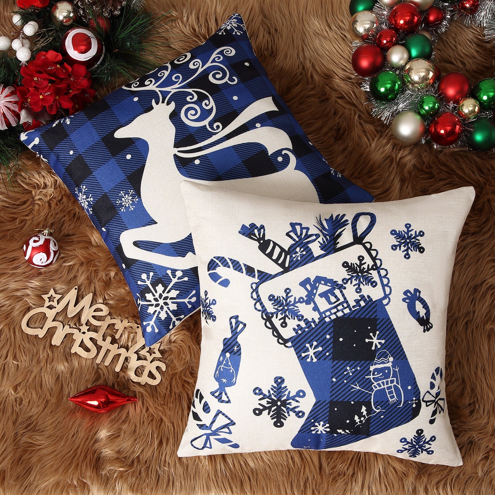 Federe natalizie Garvee, 45x45 cm, motivo Buffalo Check, motivo cervo e campana, in poliestere, con cerniera nascosta, set da 4 pezzi, decorazione per soggiorno e camera da letto