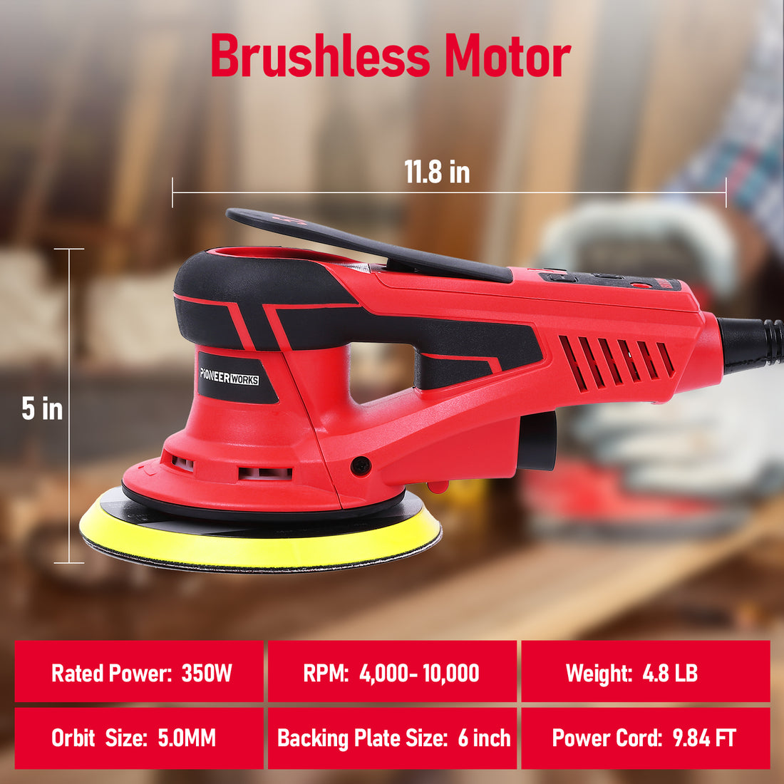 Garvee Exzenterschleifer 350W Bürstenloser Motor 6-fach Geschwindigkeit 150mm Schleifteller Leicht Präzises Schleifen